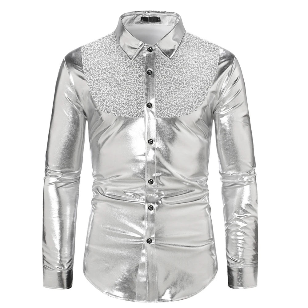 New Mens Autumn Long Sleeve Contrast Button Shiny Sexy Shirt Nightclub Sequin Casual Down Shirts Disco Fashion Men's T-shirts