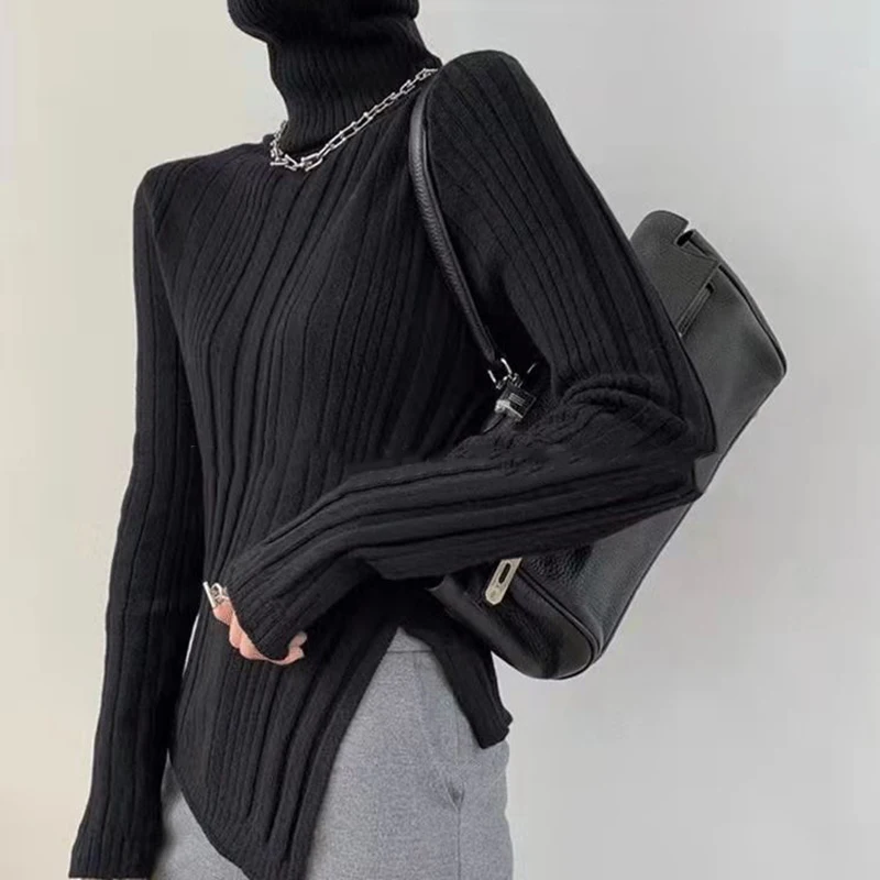 

Turtleneck Women Sweater Autumn Winter Korean Fashion Side Slit Pullover Knitted Slim Long Flare Sleeve Casual Jumpers Tops