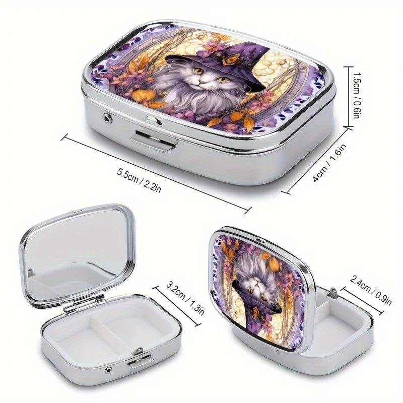 A Gorgeous Cat Wizard Medicine Kit - Mini 2-Grid Metal Medicine Organizer, Portable Travel Pocket Medicine Kit - Ideal Gift 3