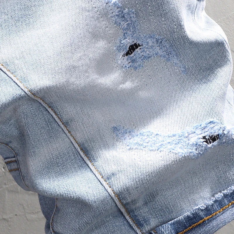 Summer Fashion Men Jeans Retro Light Blue Plain Washed Elastic Ripped Short Jeans Spliced Designer Vintage Denim Shorts Men