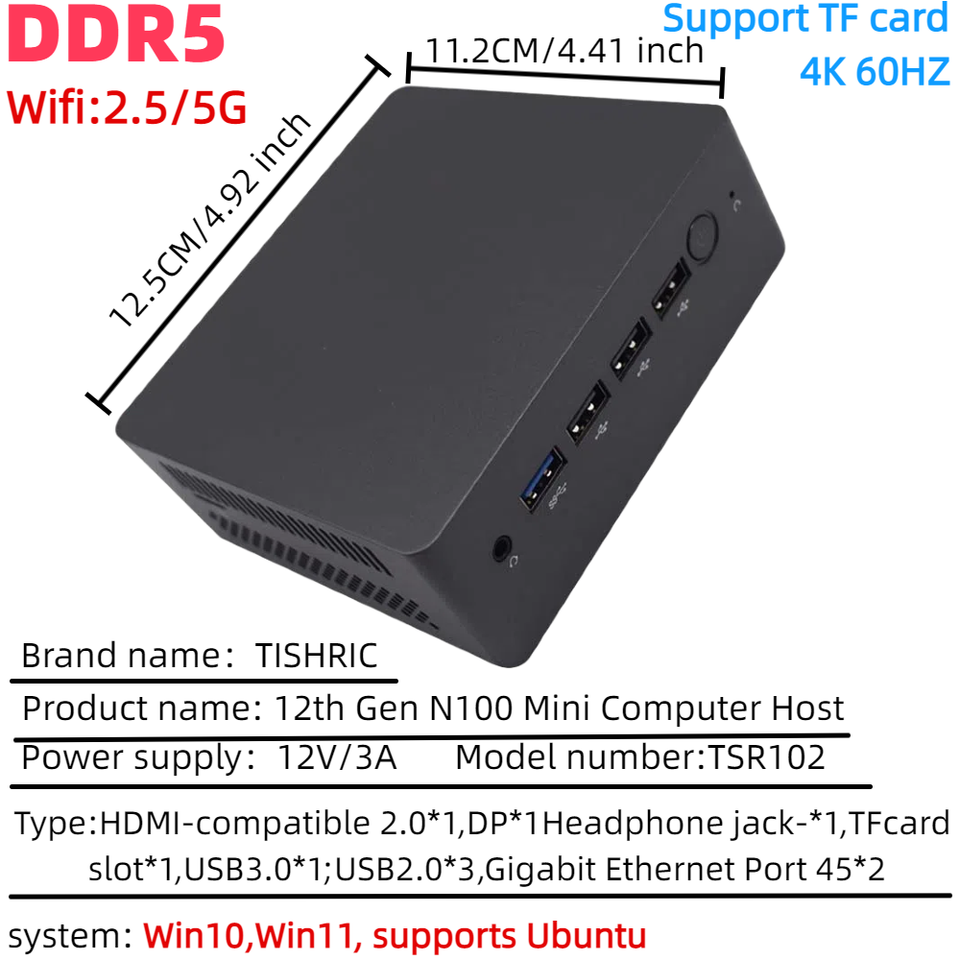 Mini PC Windows 11 10 Intel 12th Gen Alder Lake N100 Processor 8/16G DDR4/DDR5 256/512GB SSD PCIE HD 4K Mini PC Desktop Computer