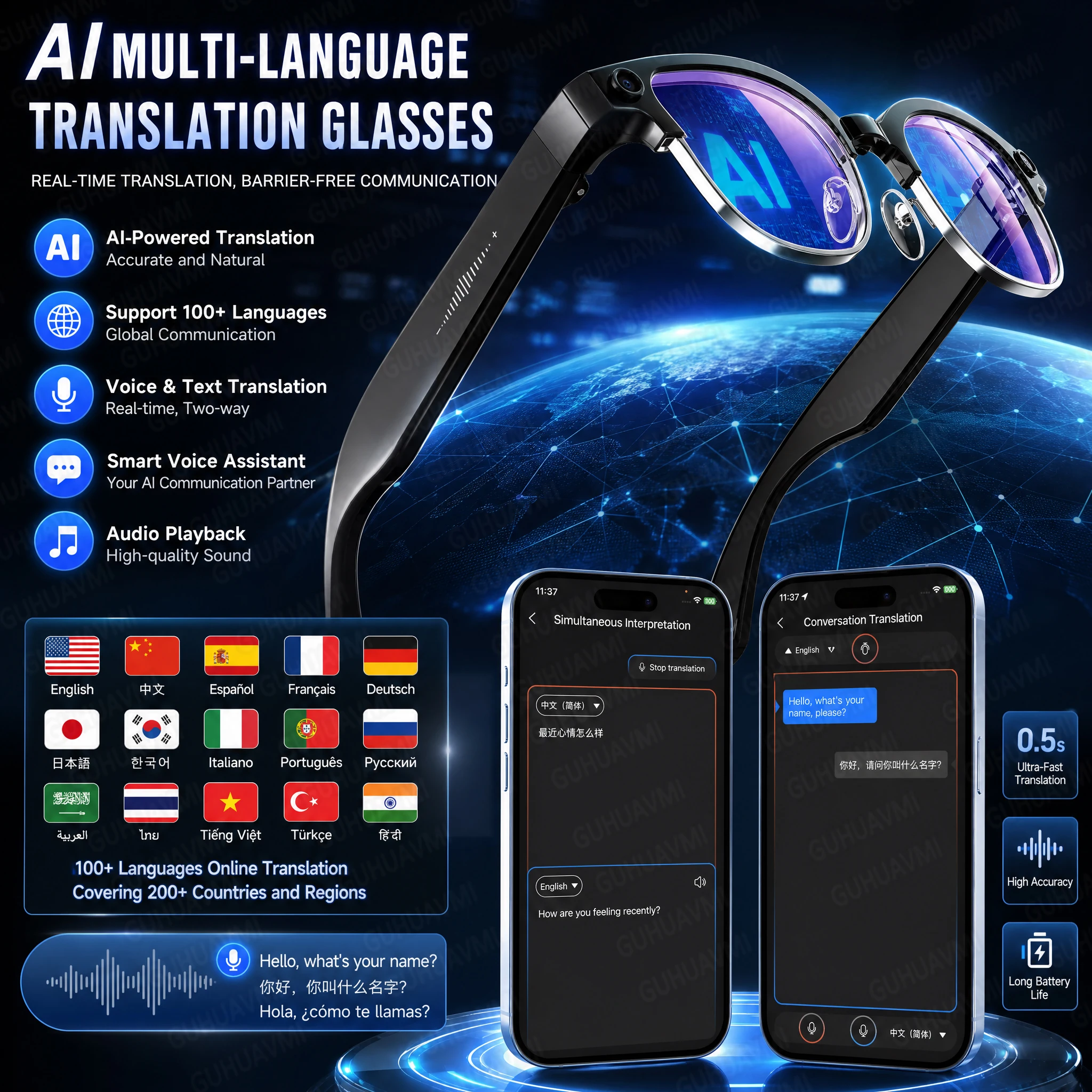 Nuovi Occhiali Smart AI con Traduzione Multilingue, Fotocamera da 800W Pixel, Lettore Video e Musica, Chiamate Business, Occhiali 8K con Cambio Colore per Uomo - immagine 4