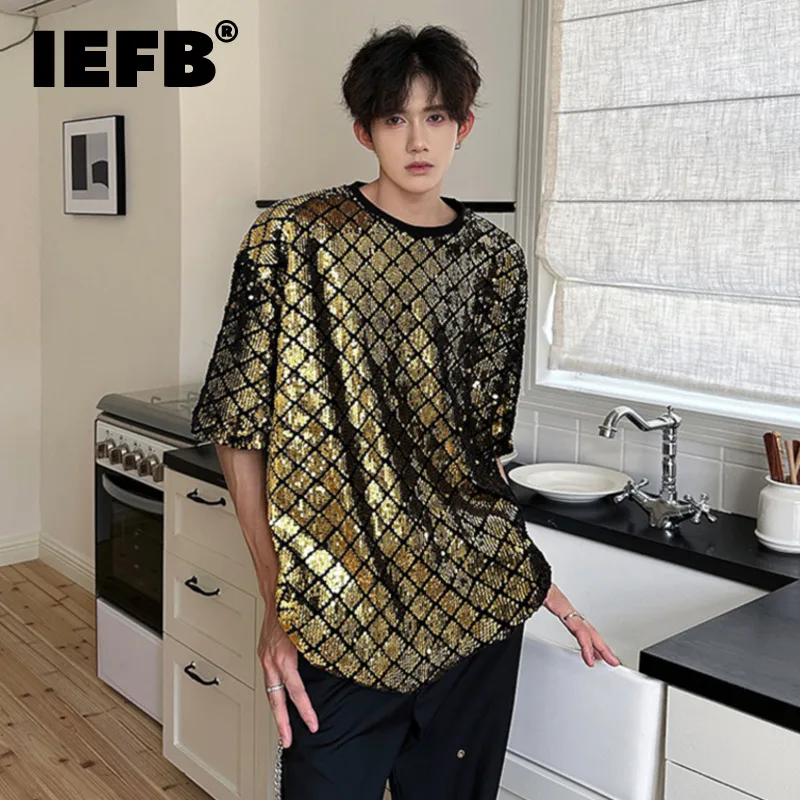 

IEFB New Stylish Men's T-shirts Loose Round Neck Short Sleeve Sequins Design Pullover Male Tops Summer Men Trend 2024 9C6102