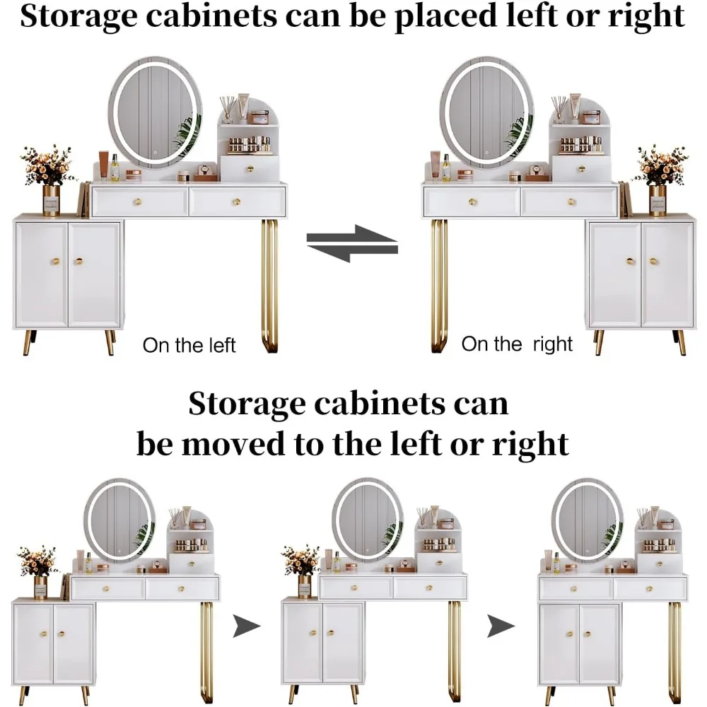 White,Vanity Desk with Mirror and Lights,Small Makeup Vanity with 2 Spacious Drawers,Modern Makeup Table with Adjustable Cabinet