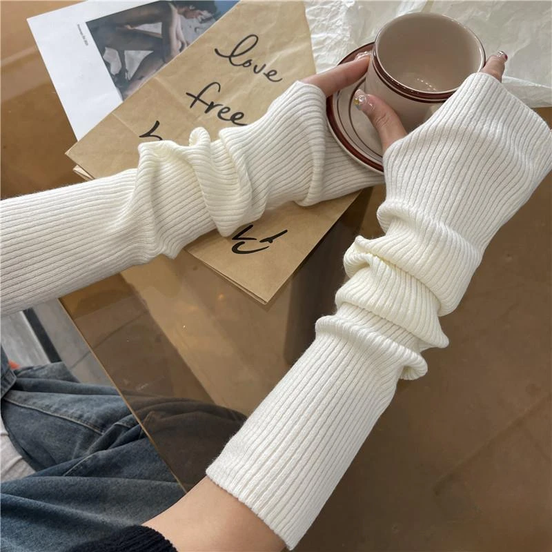 

Winter Arm Sleeves For Women Thicken Warm Knitted Arm Warmers Solid Color Long Sleeve Half-finger Glove Gothic Fingerless Mitten