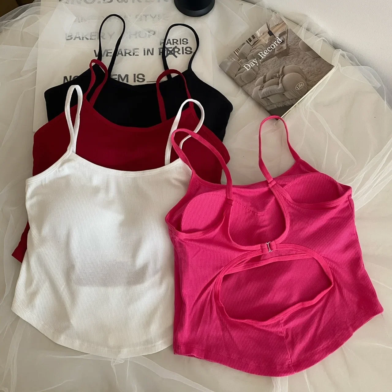 Backless Thread Top Sexy Hollow out Backless Cotton Thread Women's Strap Vest Fixed Cup ...