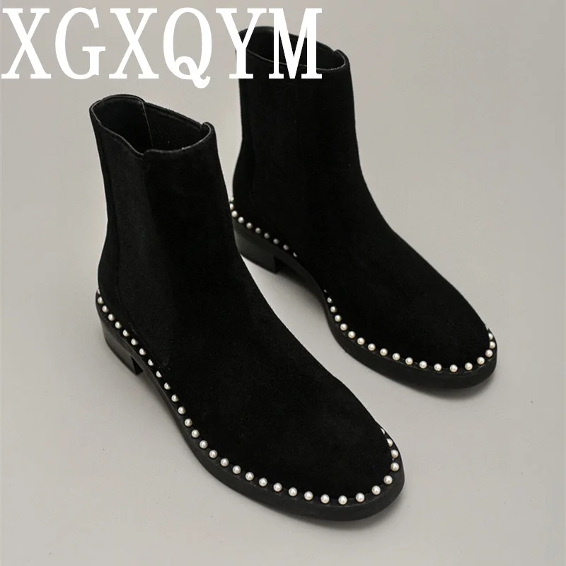 

Concise Black Chelsea Boot Woman Round Toe Slip-on Flat Sole Comfort Ankle Boots Solid Color Real Leather Elastic Short Boots