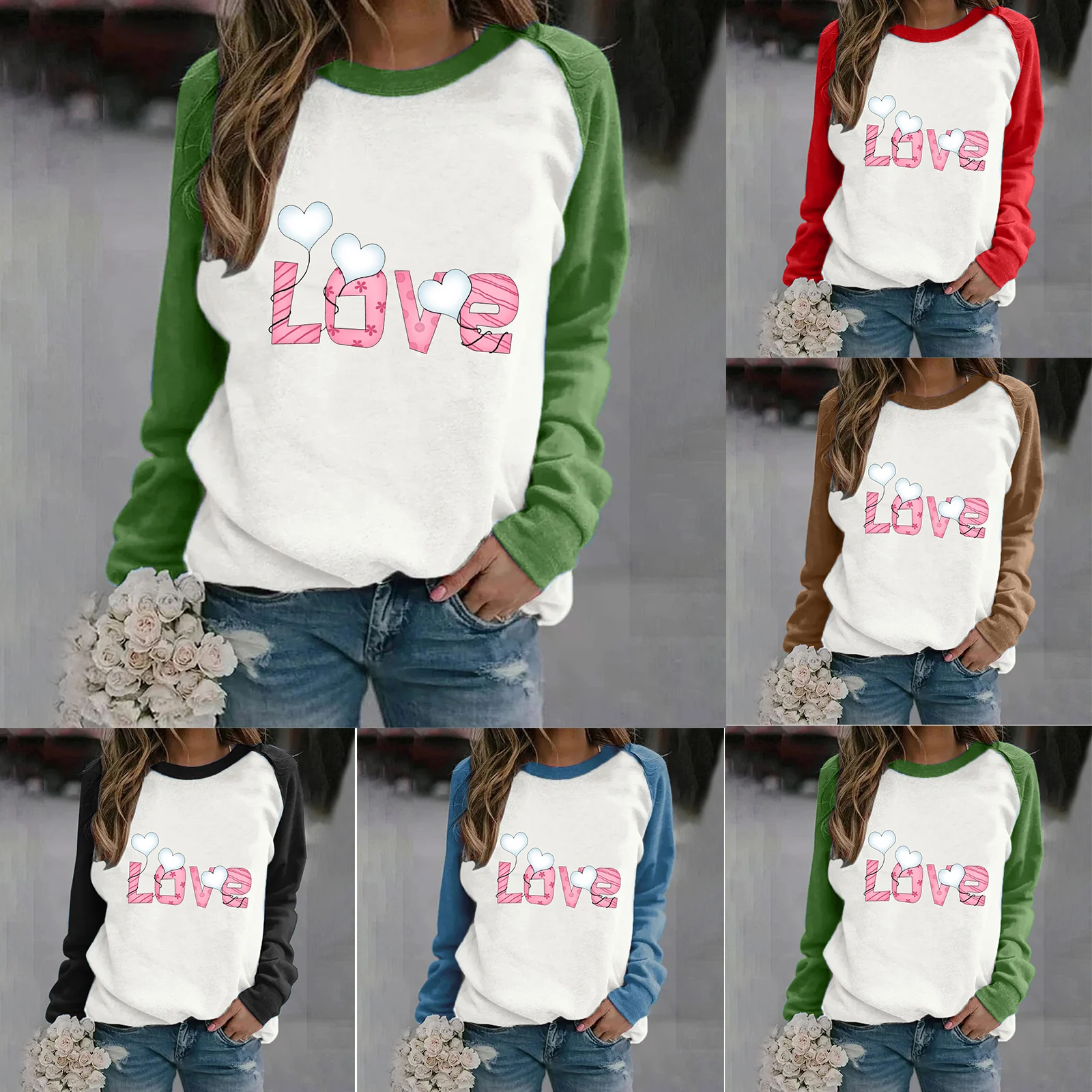 

Fall Womens Sweater Women's Valentine's Day Fun Print Raglan Sleeves Round Neck Hatless Casual Hoodie Top Half Womens Sweatshirt