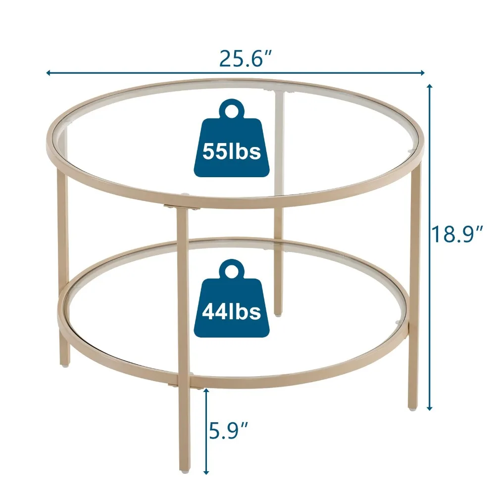 25.6" Round Coffee Table, Transparent Glass Coffee Tables for Living Room, 2-Tier Coffee Table with Storage, Modern Center Table 6