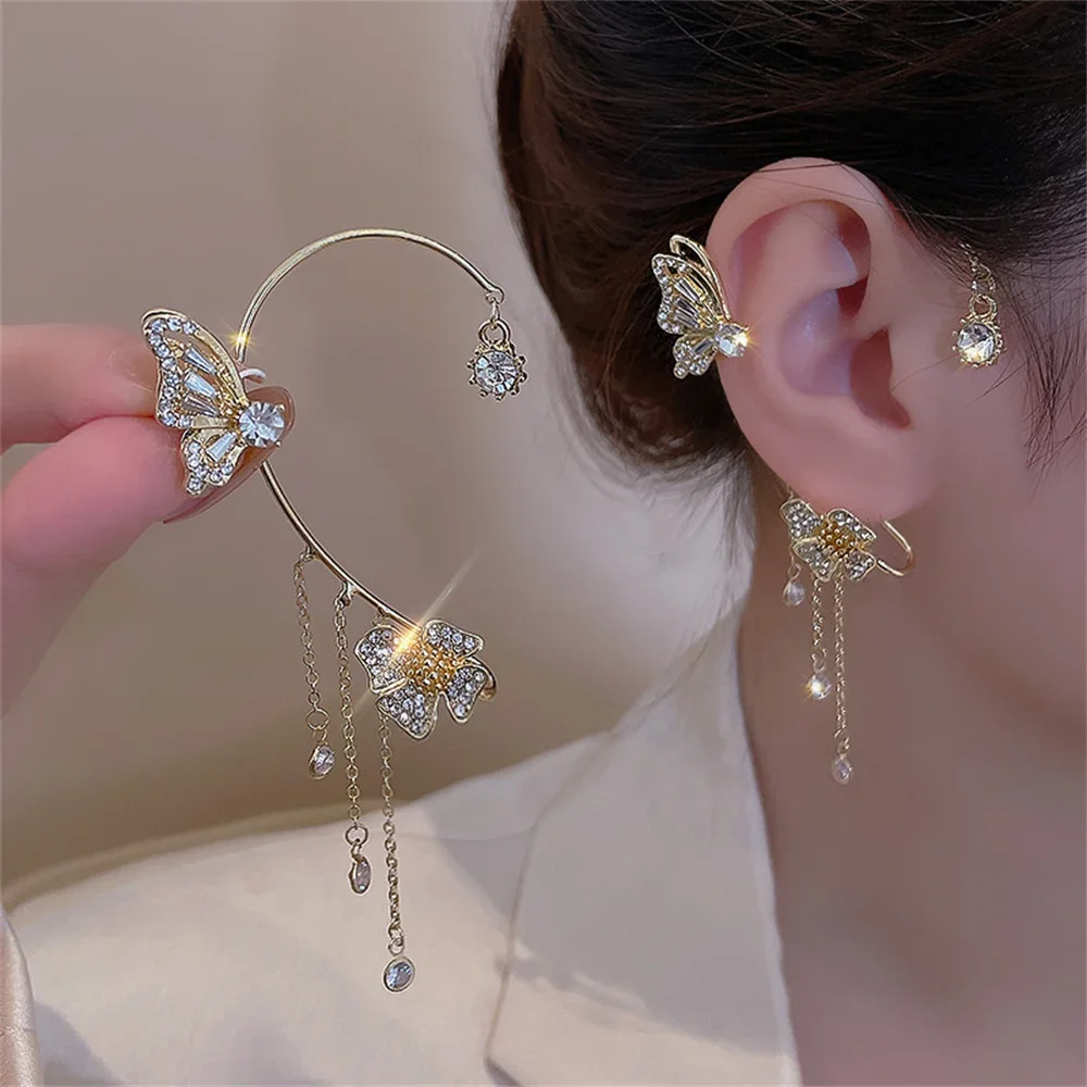 Shiny Zircon Butterfly Ear Cuff Gold Color Tassel Clip Earrings For Women Korean Copper Without Piercing Fashion Jewelry