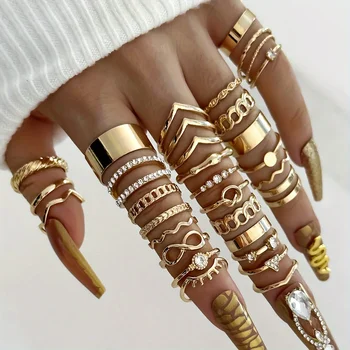30 pçs elegante boho cor de ouro anéis conjunto design vintage strass geométrico anel de dedo na moda minimalista jóias presentes 2024 1