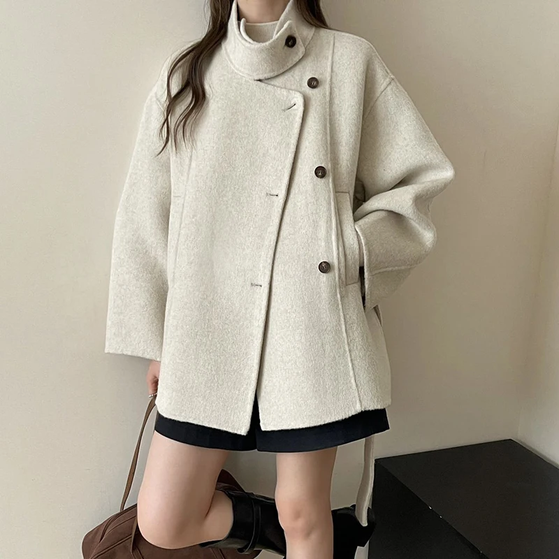 LANMREM Stand Collar Drop Shoulder Womens Double-faced Woolen Coat Asymmetrical Single Breaste Reversible Overcoat With Belt - Image 2