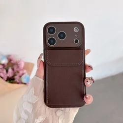 Elegant Luxury Leather Card Holder Wallet Case with Camera Lens Protection Cover - iPhone 15 Plus (Dark Brown)