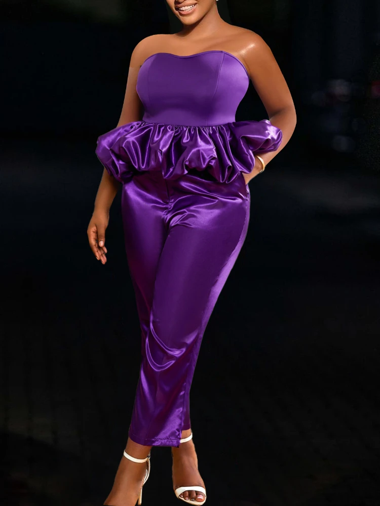 Women Two Pieces Set Purple Sexy Strapless Tube Tops Peplum Ruffles Wide Leg Pants Shiny Party Birthday Event Suit Summer New