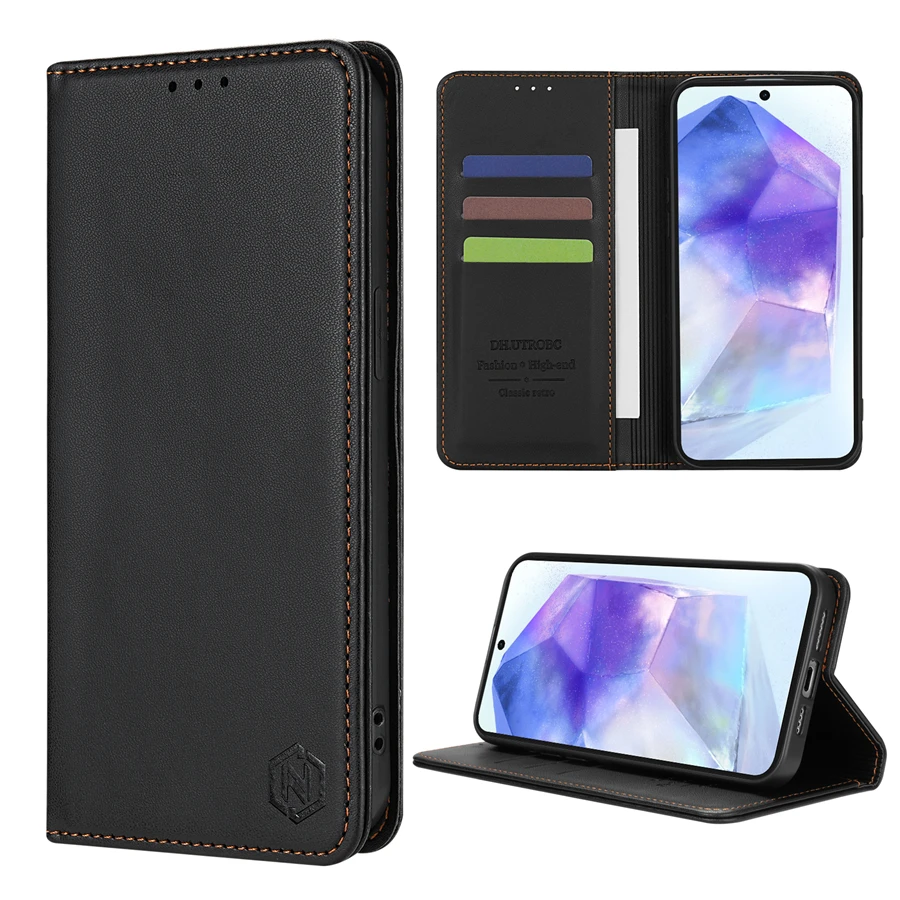 Luxury Leather Flip Wallet Case with Card Slot & Strong Magnetic Closure