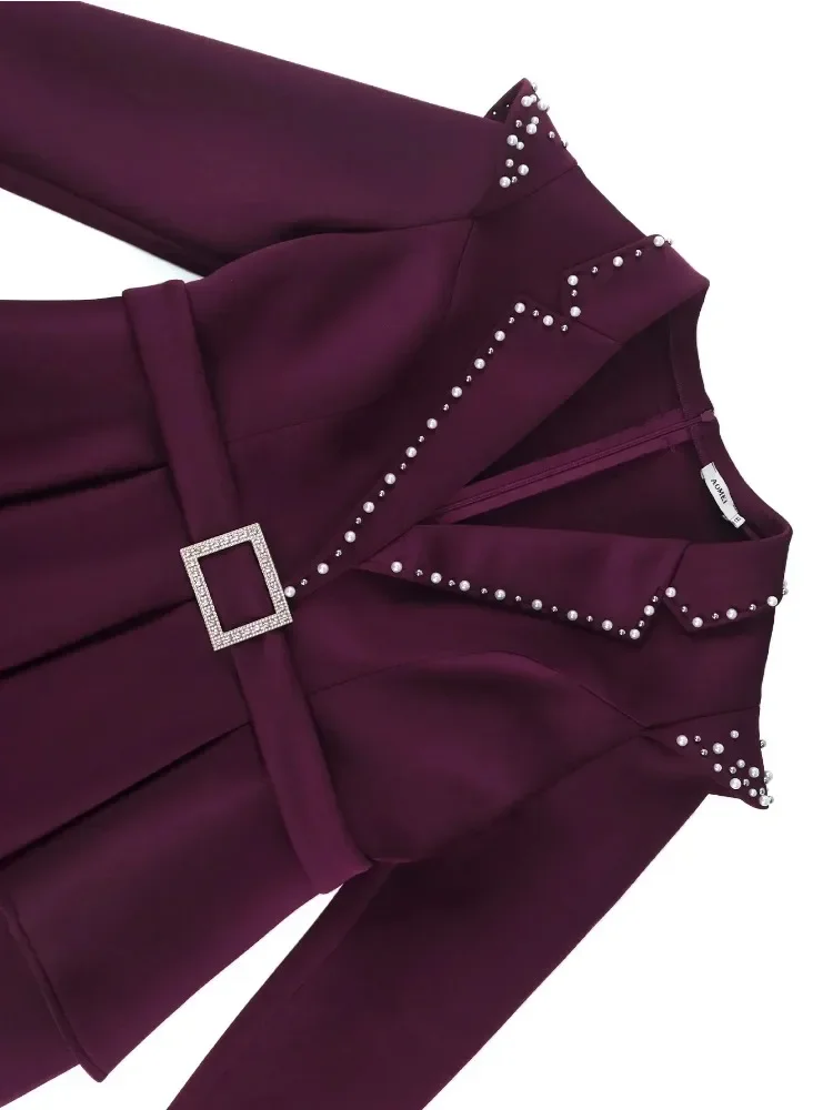 Elegant Women's Nail Bead Dress Solid Color Lapel High Waisted Hip Hugging Dresses Women's Banquet Long Sleeved Purple Set