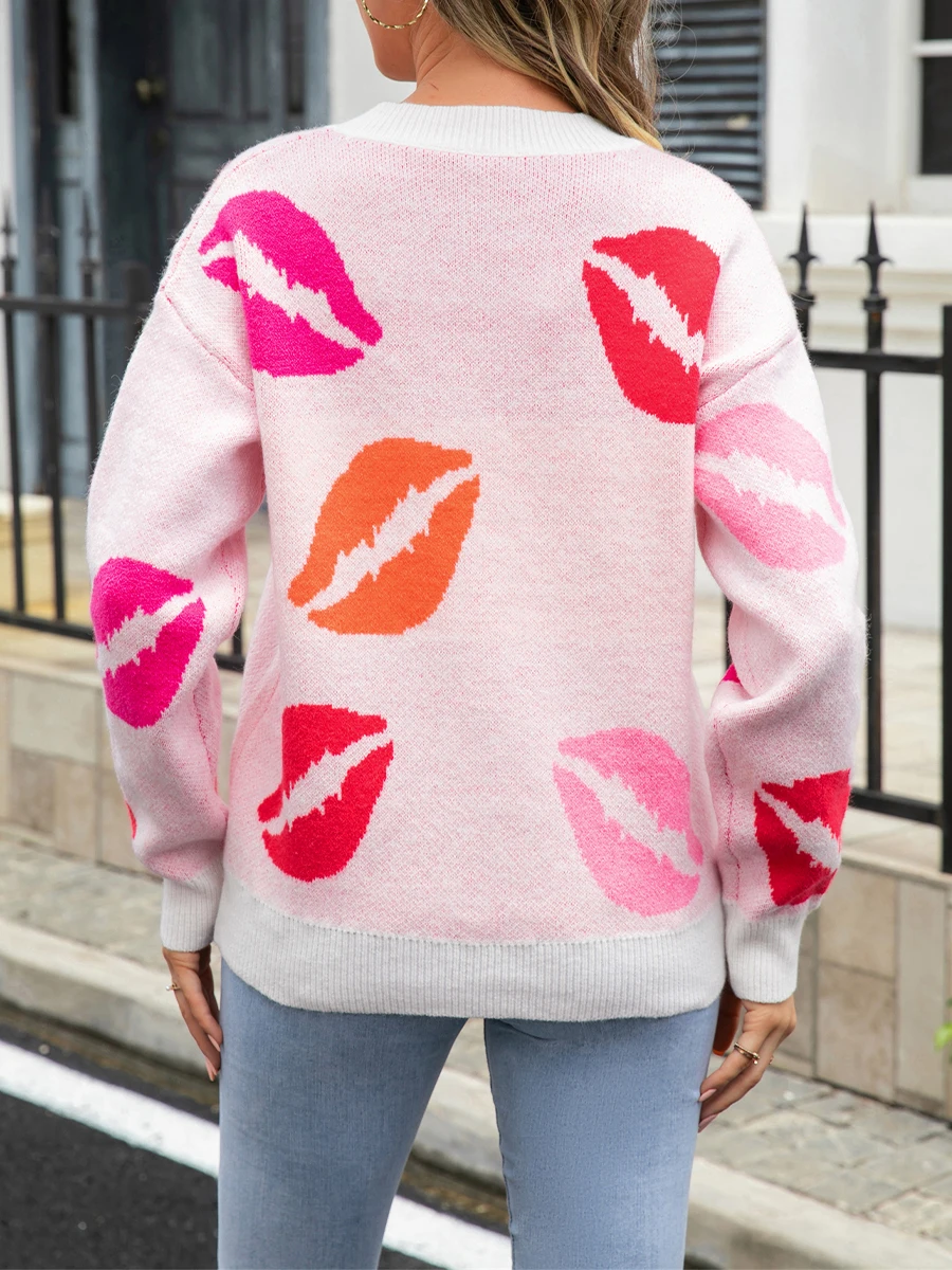 

Shunvnny Women Lip Print Valentine’s Day Sweater Cute Long Sleeve Round Neck Loose Jumper Pullover Y2K Knitwear