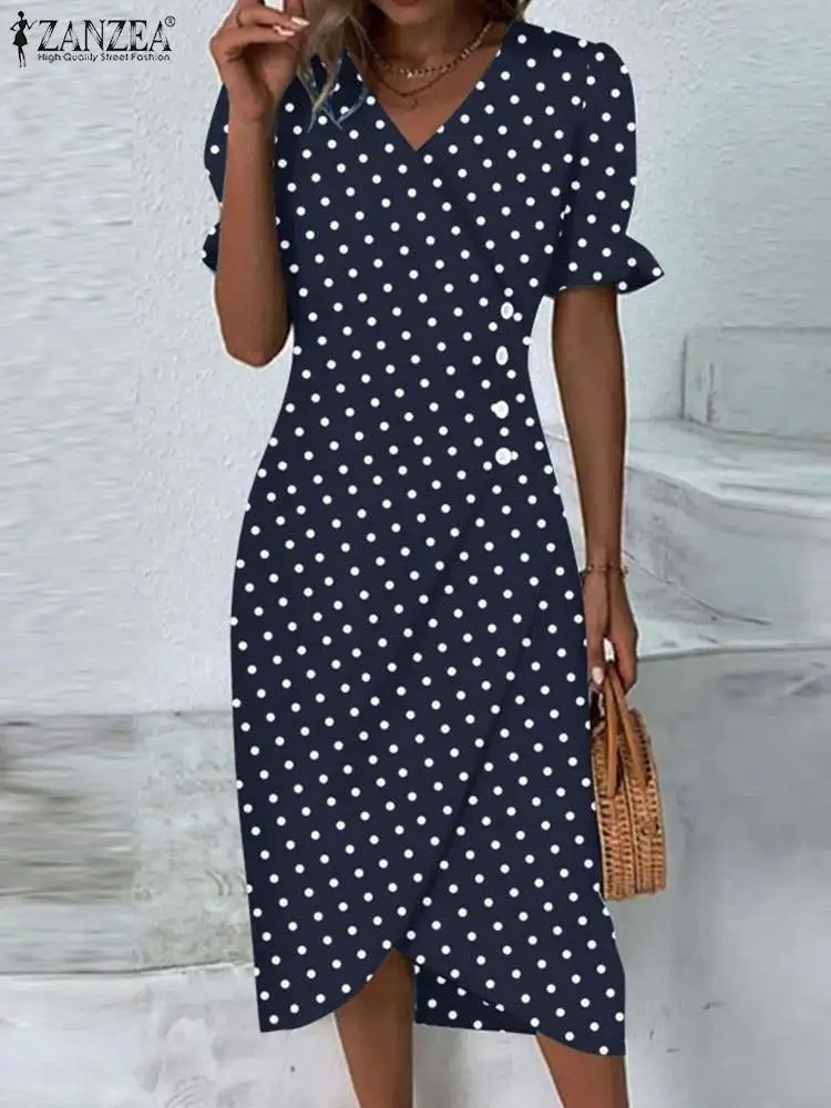 

ZANZEA Casual 2024 Summer Midi Dress Wrapped V Neck Elegant Polka Dot Short Sleeve Sundress Holiday Fashion Women Slim Vestidos