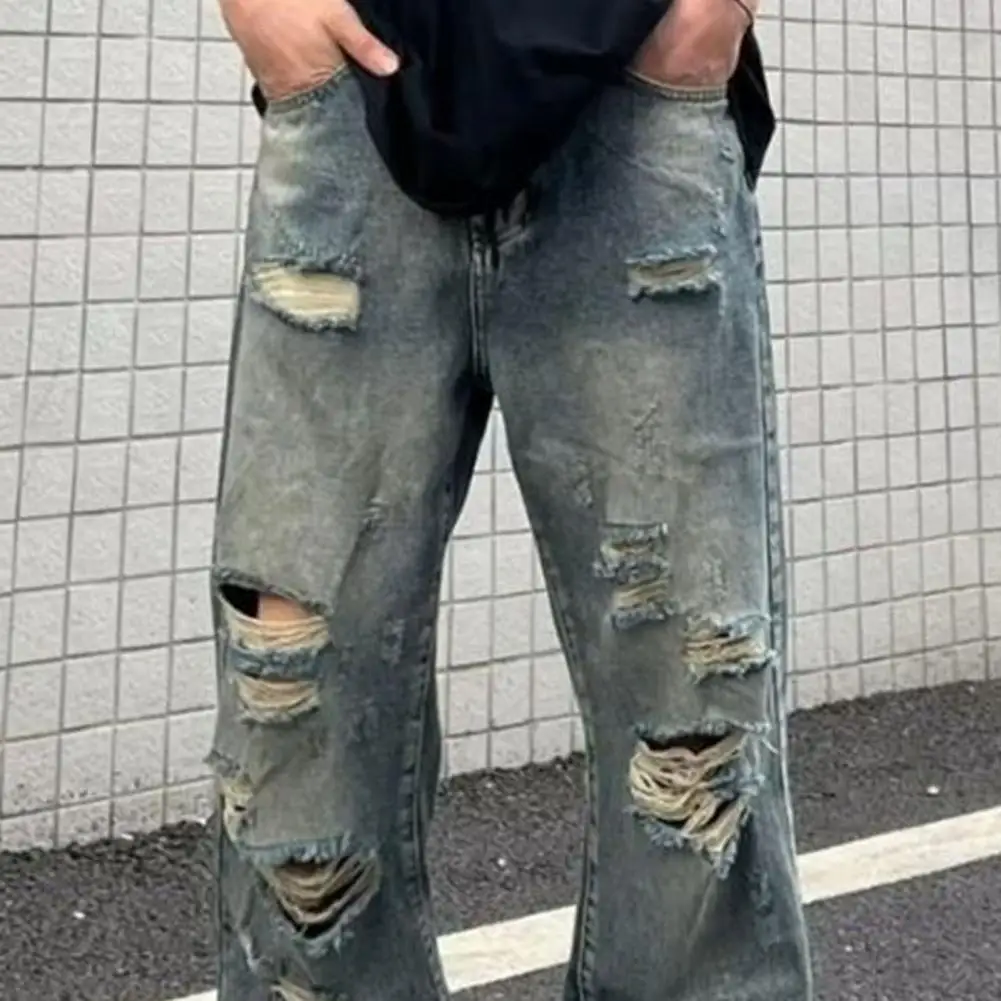 Description Picture 5 of itemHip Hop Style Jeans Distressed Wide Leg Men's Jeans with Ripped Holes Streetwear Style Multi Pockets for Casual Hip Hop Fashion