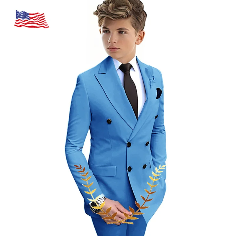 Beige Boys Suit 2 Pieces Double-Breasted Notch Lapel Flat Slim Fit Casual Tuxedos For Wedding (Blazer+Pants) boys suits