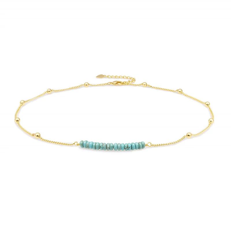 

18k Gold Chain Choker Dainty Turquoise Beads Bar Necklace for Women Handmade Gemstone Jewelry for Women Girls