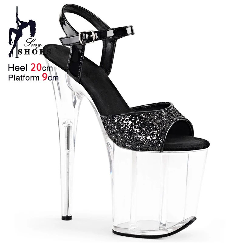 Extreme high heel Model Sandals 2025 new Clear Heel Fashion Party Dress Shoes For Woman Glitter Sequin Summer 20CM High Heels