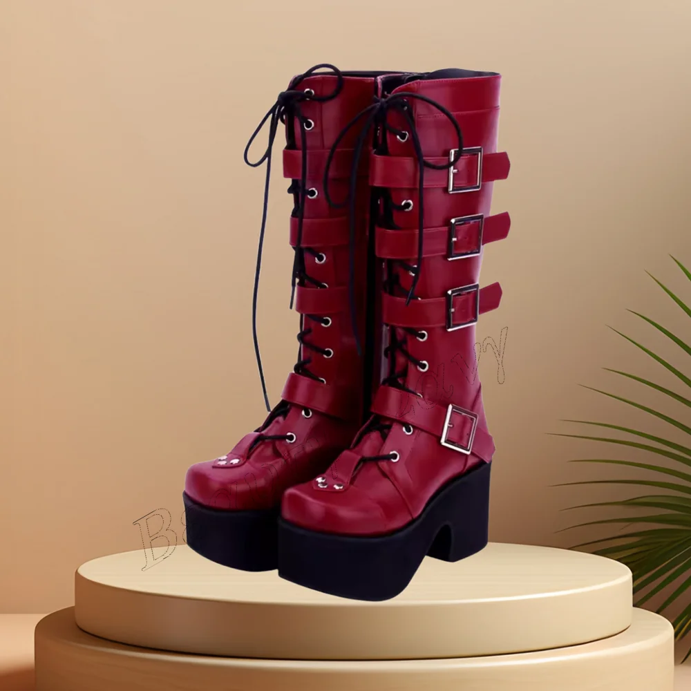 

Red Front Cross Tied Punk Boots Chunky Heel Side Belt Decor Shoes High Heel Shoes for Women High Heel 2023 New Zapatillas Mujer