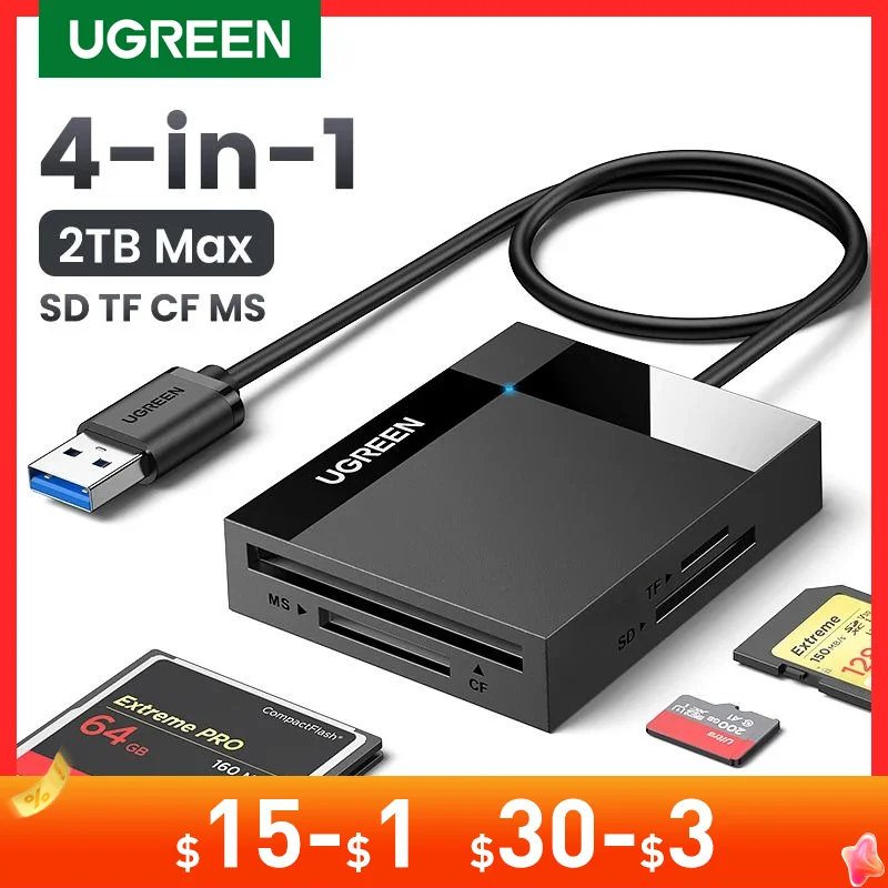 Ugreen Leitor de Cartão 4-em1 Usb3.0 Usb-c sd Micro sd tf cf ms Compacto Adaptador de Cartão Flash para Computador Portátil Multi Otg Leitor de Cartão Inteligente