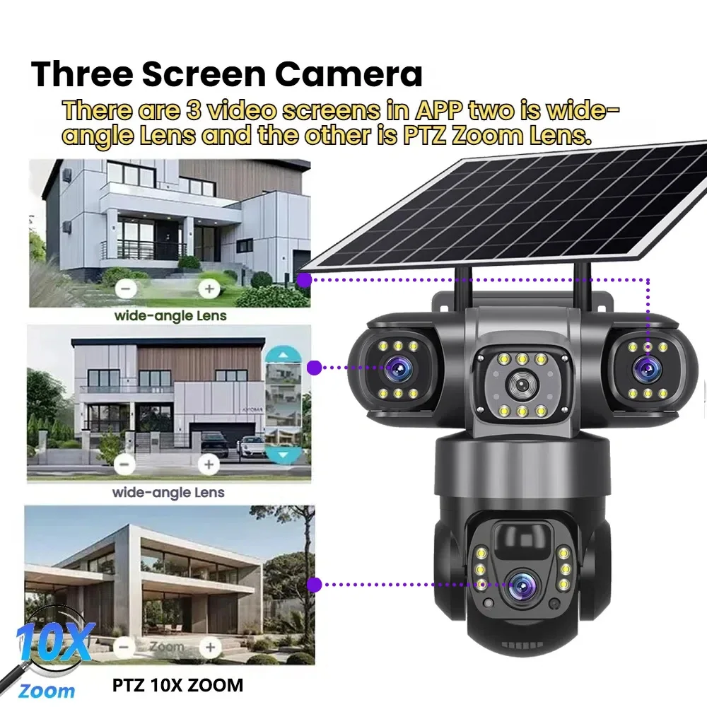 12MP HD Solar Outdoor Camera 3 Lens 3 Screen 10X Zoom CCTV Night Vision IP66 Waterproof PIR Human Detect Wifi Security Camera 2