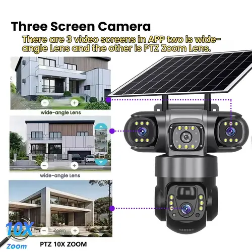 12MP HD Solar Outdoor Camera 3 Lens 3 Screen 10X Zoom CCTV Night Vision IP66 Waterproof PIR Human Detect Wifi Security Camera - Image 2