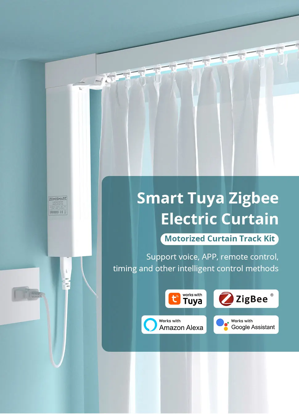 Zigbee Smart Electric Sliding Curtain Motor with Customized Track Works with Tuy