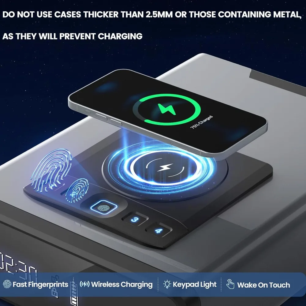 24/7 Display Clock Safe with 2-in-1 Watch & Phone Wireless Charging,Pistol Safe with Backlit Keypad, Handgun Safe with LED Light 2