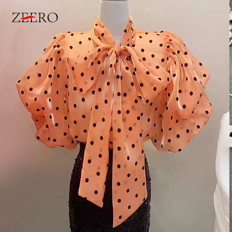 

French Style Half Bubble Sleeves Polka Dot Bow Short Chiffon Shirt Women's 2024 Summer New Slimming Shirt Sweet Blouse Tops