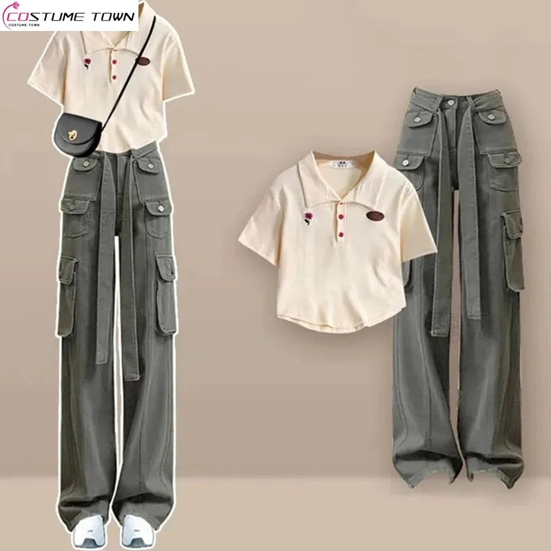 Summer Set Women's 2024 New Large Women's Fashion Design Polo Short Sleeves Versatile Casual Pants Two Piece Set