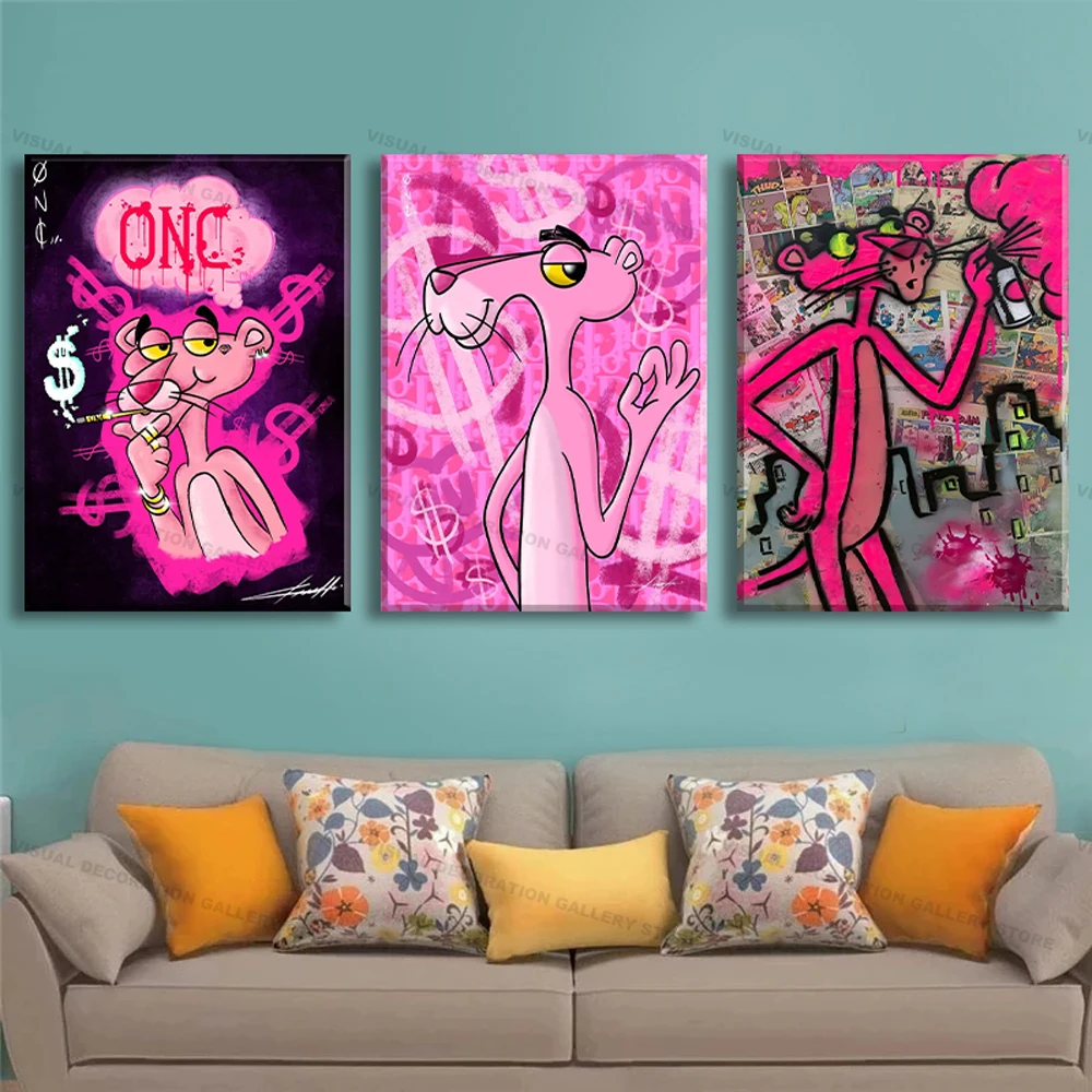 Modern Street Graffiti Wall Art Painting Black Panther Animal Poster Printmaking Children'S Room Decor Wall Pink Panther Picture