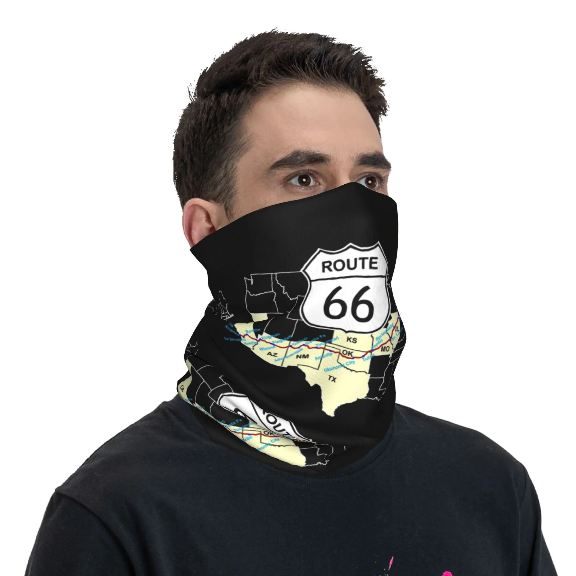 Route 66 USA Highway Bandana Neck Gaiter UV Protection Face Scarf Cover Map Headwear Tube Balaclava