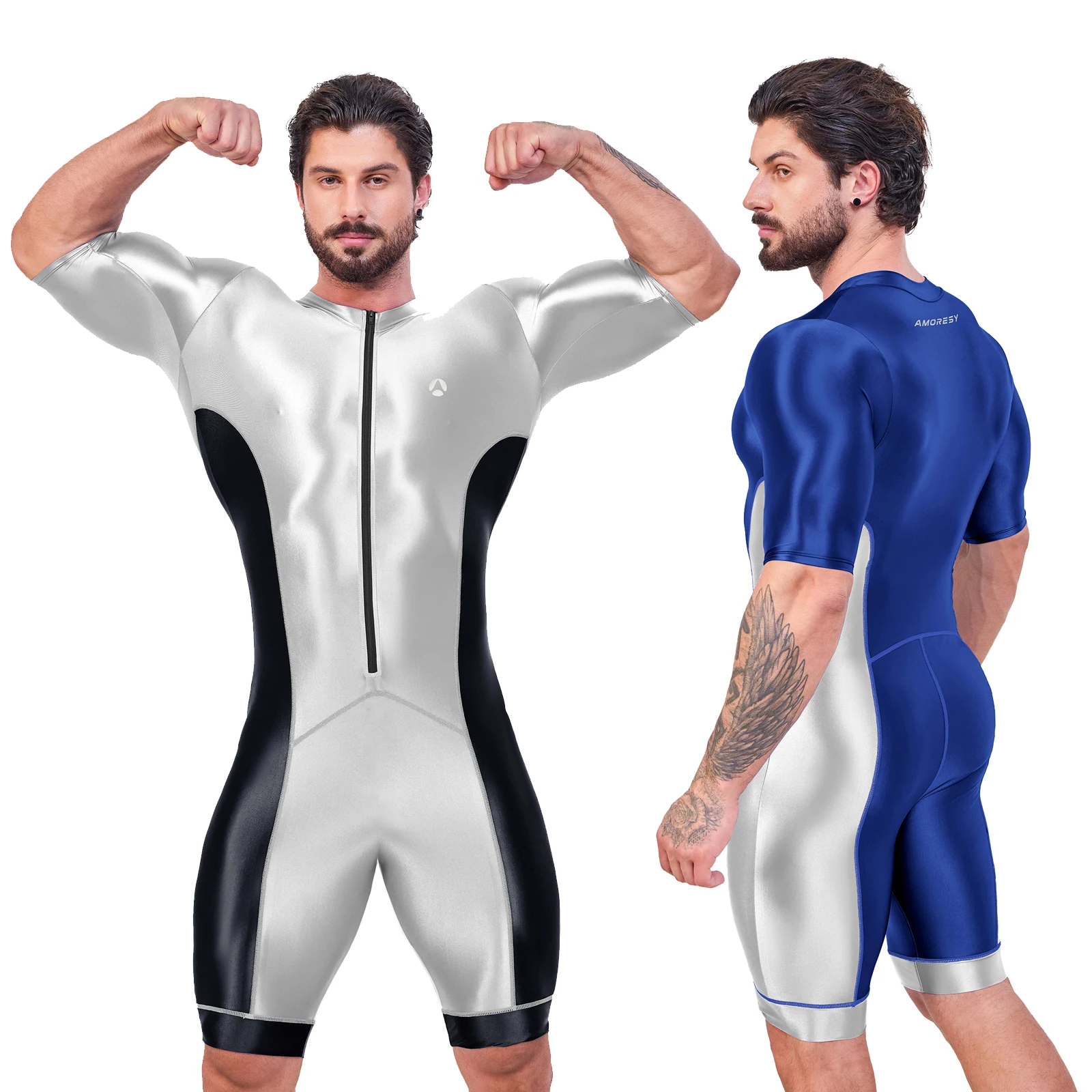 Men Shiny Satin Glossy Bodysuit Silk Smooth Surfing Suit Swimwear Yoga Sportswear Cropped Leotard Jumpsuit