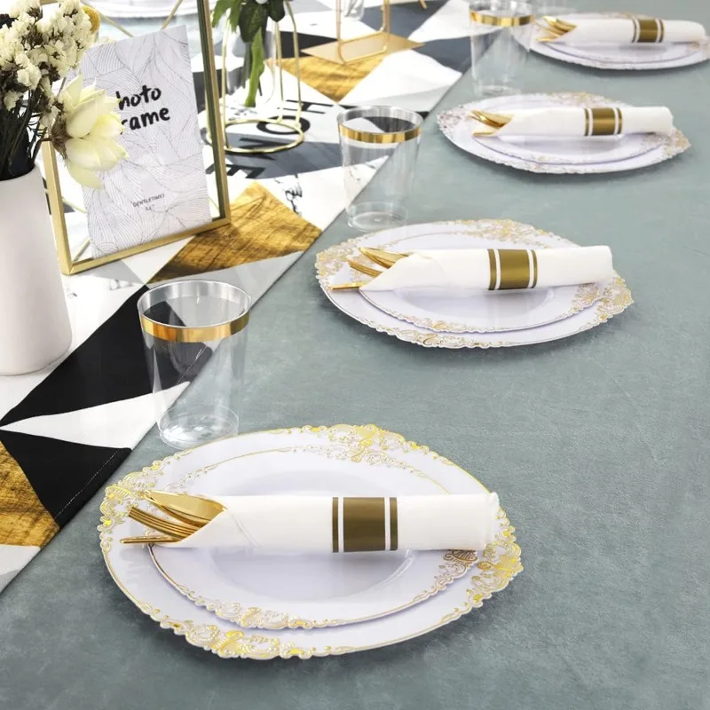 Description Picture 6 of item350PCS White and Gold Plastic Plates - Gold Plastic Dinnerware Set with Pre Rolled Napkins