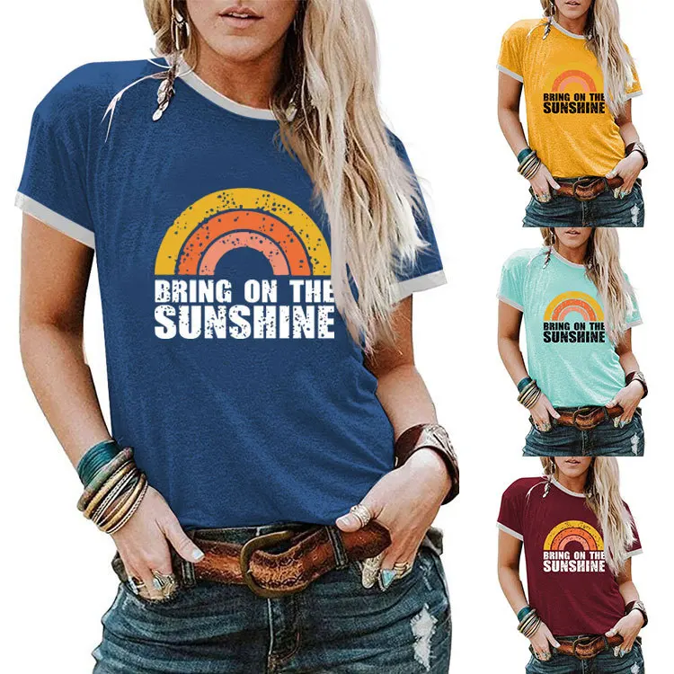 Summer Fashion Round Neck Contrast T-shirt BRING ON THE SUNSHINE Printed Casual Short sleeved Top