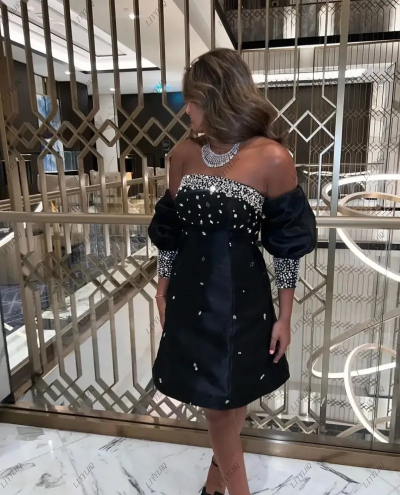 

LIYYLHQ Short Black Evening Dresses With Sleeves Strapless Crystals Beadings Mini Prom Dresses Wedding Party Cocktail Gowns NEW