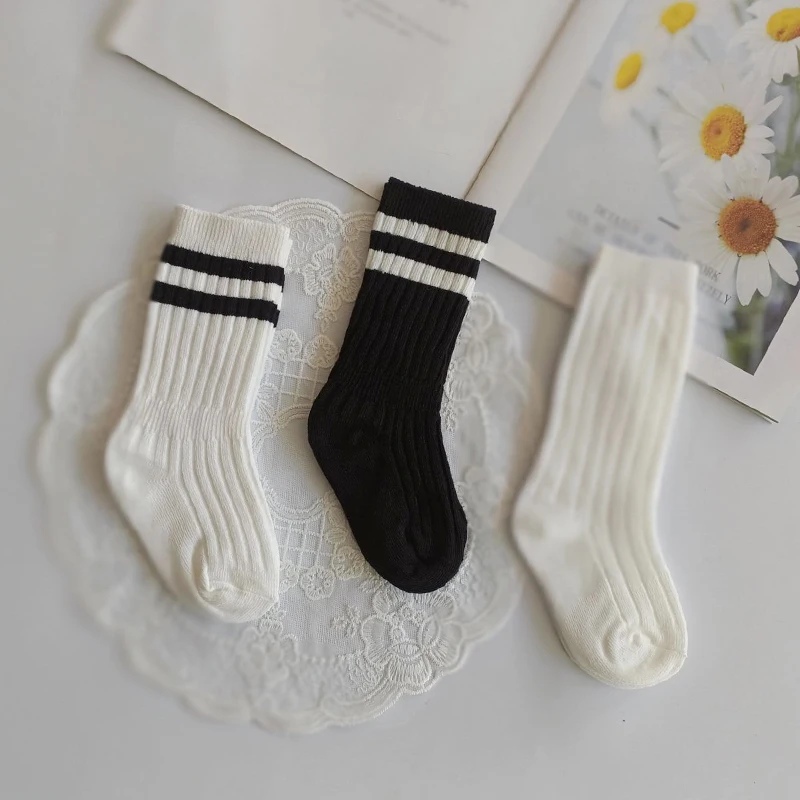 Chaussettes longues noires et blanches en coton pour enfants, lot de 3 paires, pour filles et garçons, collection printemps-automne