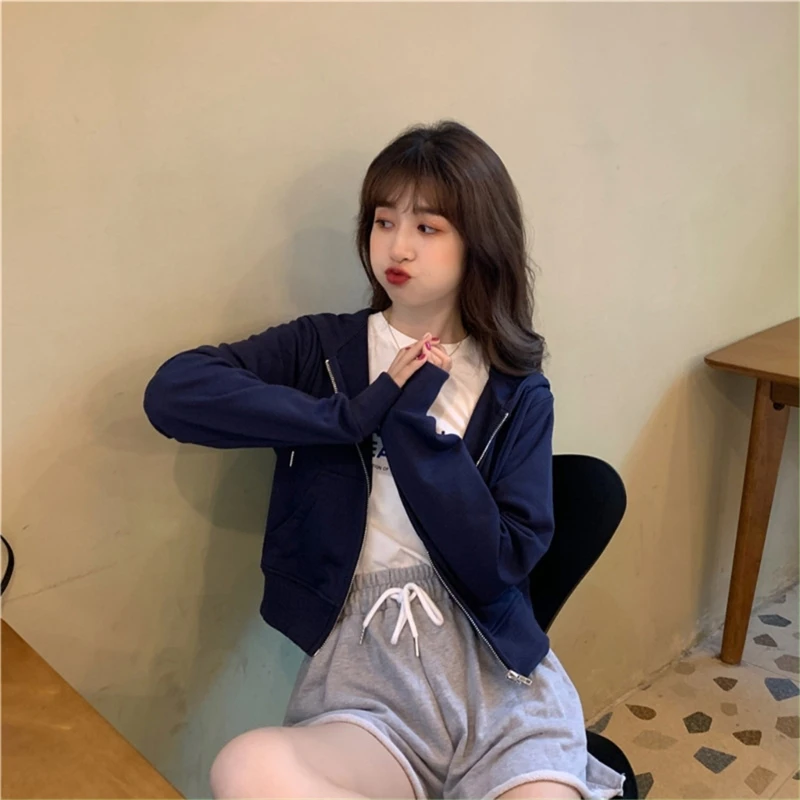 

Simple Zip-Up Hoodie for Women Stylish Solid Crop Long Sleeve Thin