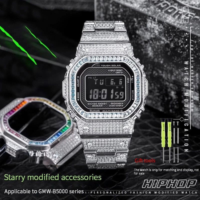 Gmw-B5000 Lunetta Con Cinturino Intarsiato Di Diamanti Per Cassa In Metallo Serie Casio Gmw-B5000 + Bracciale In Acciaio Inossidabile Solido Con Fasci