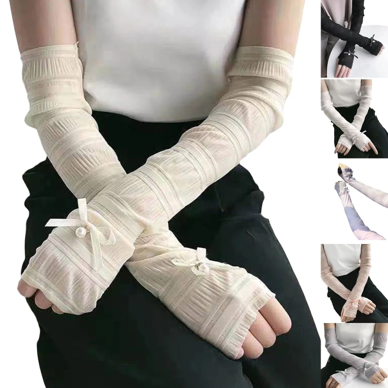 

Wedding Bride Gloves Summer Driving Lace Sleeve Cover with Pearl Decor Dance Photoshoot Gloves Skin-friendly Mitten