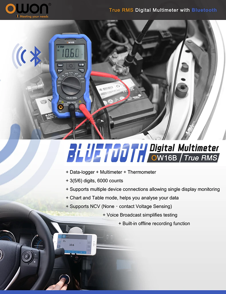 OW16B Multifunctional Digital Multimeter with Bluetooth and NCV True RMS test Ba