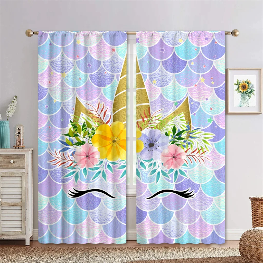 Cute Unicorn 3D Digital Printing Curtains For Living Room Bedroom Balcony Children's Rooms Decor Window Curtains 2 Panels 3