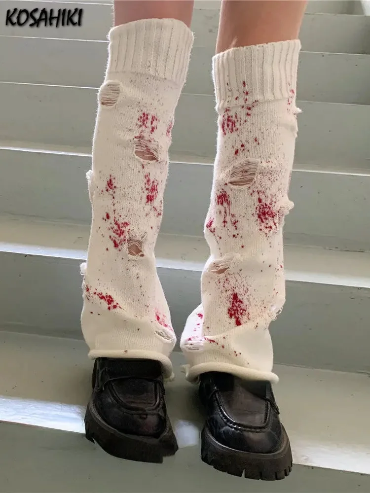 

Knitted Leg Warmers Y2K Gothic Harajuku Women Japanese Socks Ripped Blood Print Calf Socks Boots Cover Y2k Long Socks