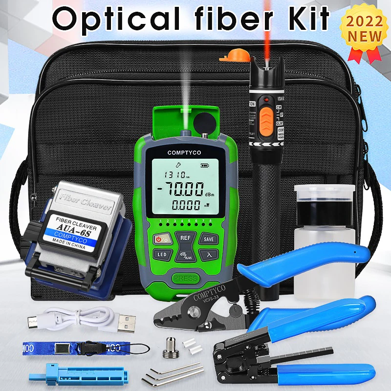 Fiber Optic Tool Kit with AUA-6S Fiber Cleaver -70+10dBm/-50+26dBm 3 in 1 Mini Optical Power Meter 10Mw Visual Fault Locator