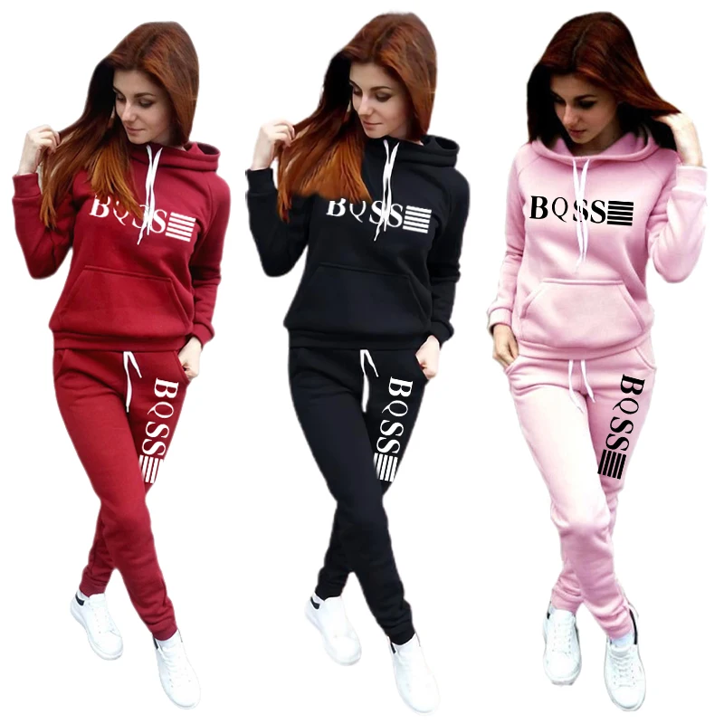 Autumn Winter Womens Tracksuit Casual Hooded Sweatshirts Suit Jogging Pants Set Fleece Warm Outfits Daily Commuting Clothing