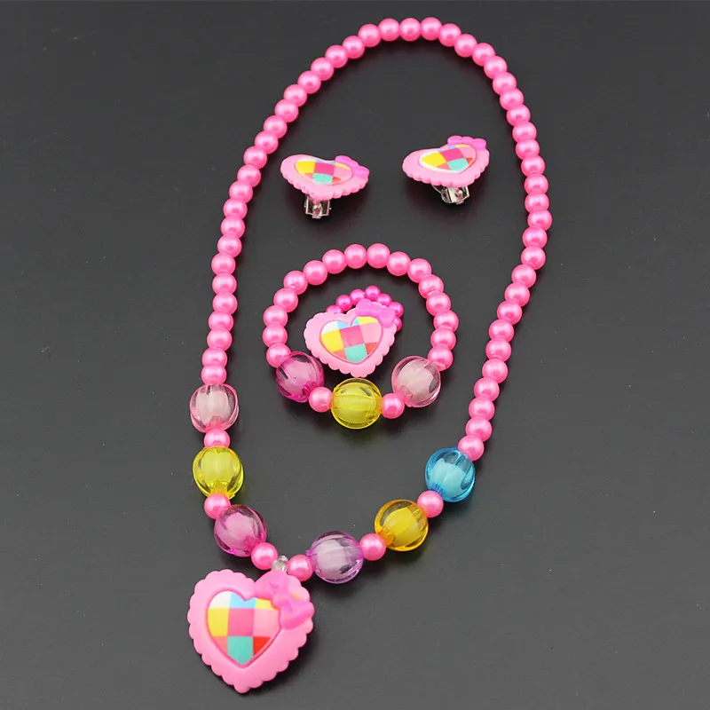 Imitation Pearls Beaded Jewelry Set Baby Girls Lovely Heart Necklace Heart Stud Earrings Kids Children Party Jewelry Gift 4